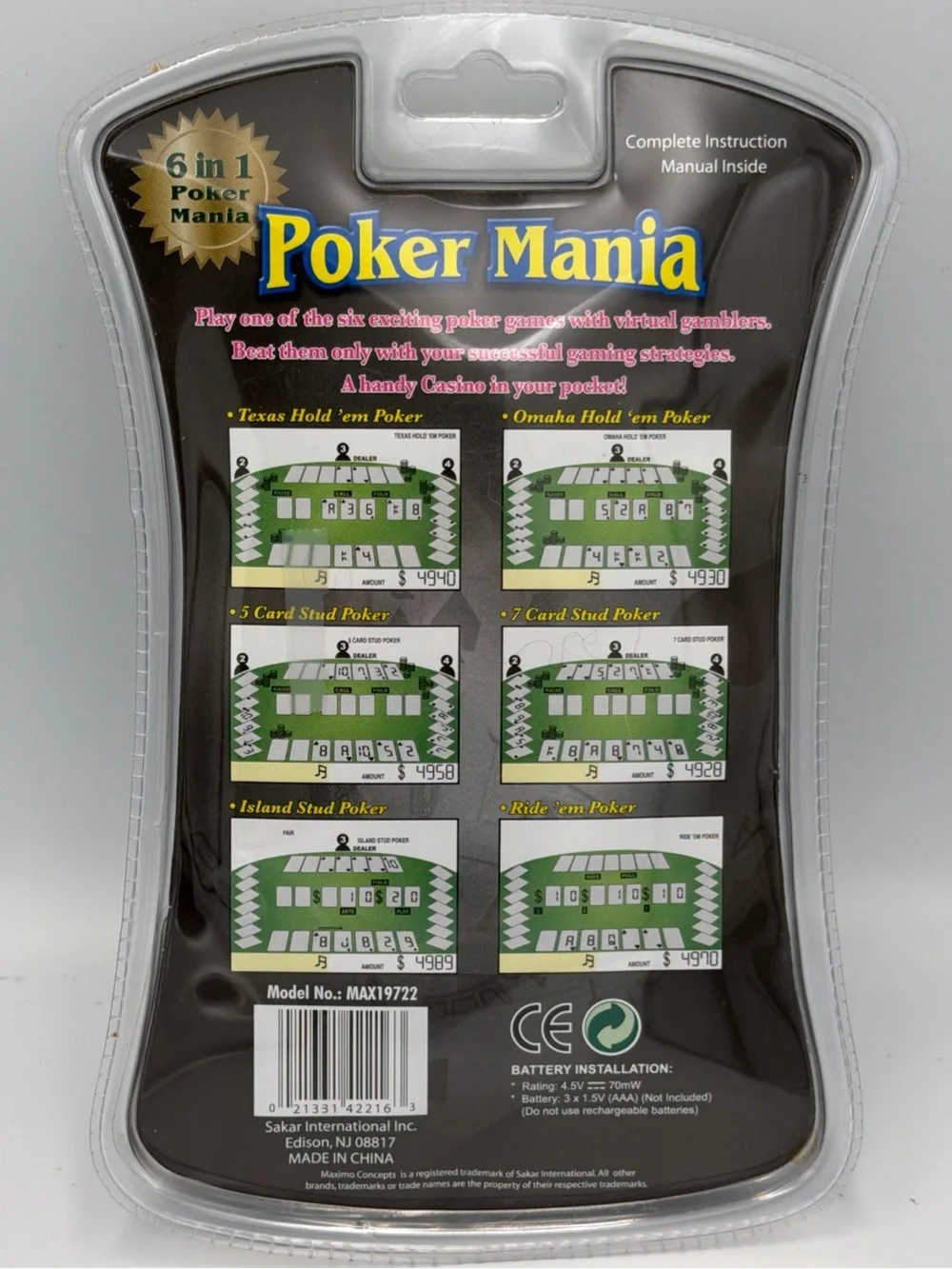 Poker Mania Electronic Handheld Game 6 in 1 by Sakar International Inc MAX19722